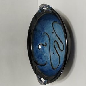 Vintage Studio Art Pottery Drip Glazed Bowl Texture Handles Cobalt Blue 11.25"